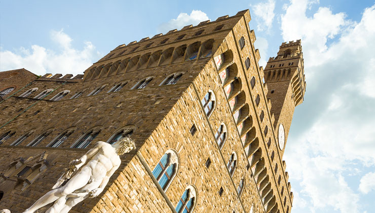 Neptune and Uffizi Palace and Gallery in Florence, Italy.