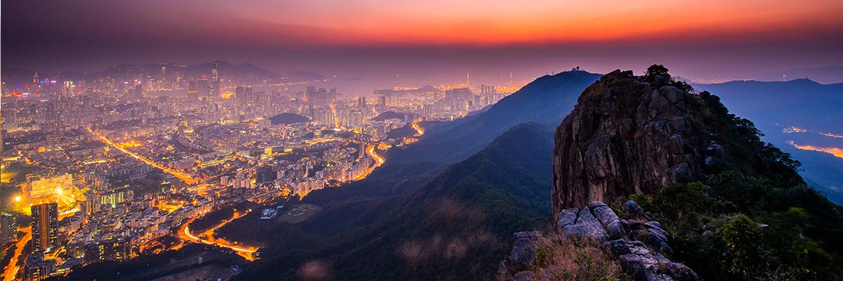 Beautiful Sunrise over Victoria Harbor in Hong Kong.