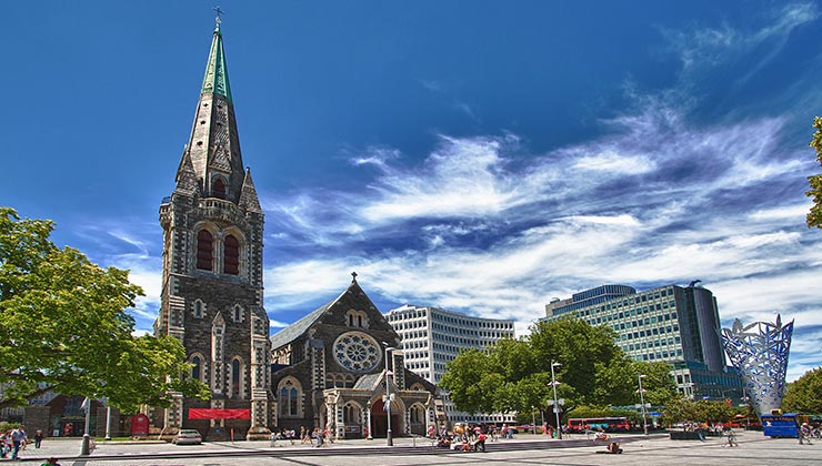 Cathedral Square, with traditional and modern architecture, towers above Christchurch, New Zealand.