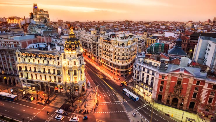 City shot of Gran Via in Madrid, Spain.