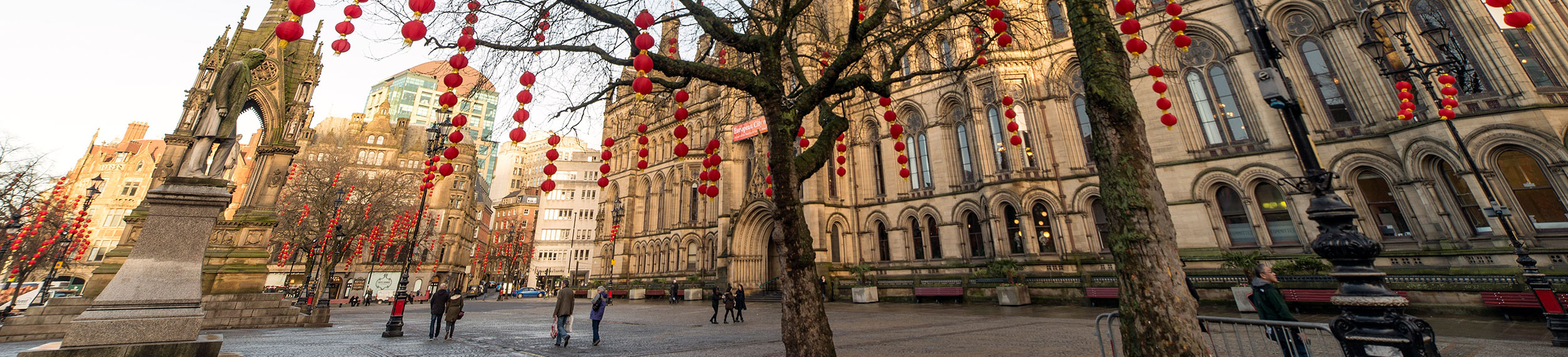 Chinese New Year lanterns hang from the grounds of Manchester Town Hall