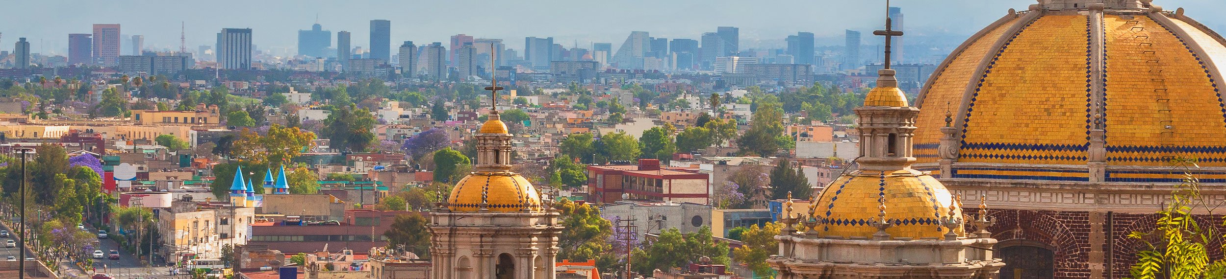 Scenic view at Basilica of Guadalupe with Mexico city skyline.