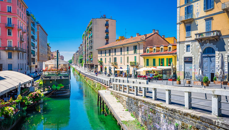 Scenic Naviglio grand canal in Milan, Lombardia, Italy.