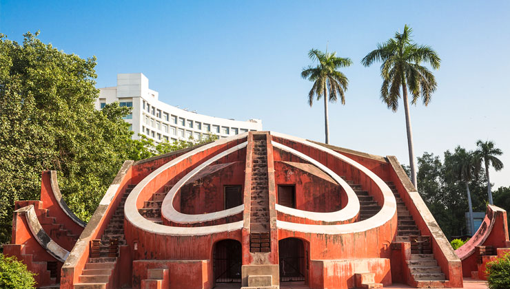 View of Jantar Mantar, a equinoctial sundial in New Delhi, India.