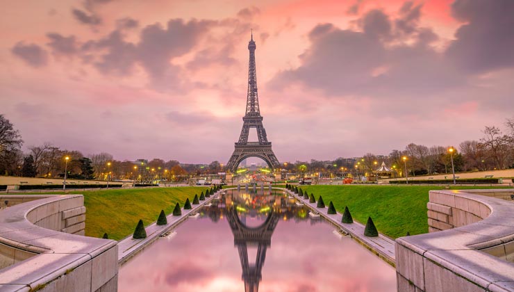 The Eiffel Tower at sunset. 