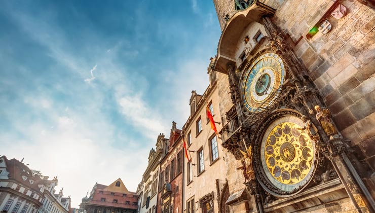 View of the clock looking up in Prague, Czech Republic. 