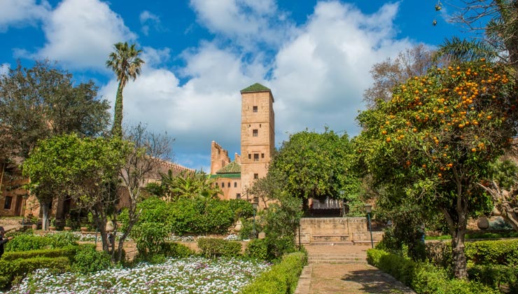 Lush green garden with tower in the background, Andalusian gardens in Udayas Kasbah Rabat Morocco. 