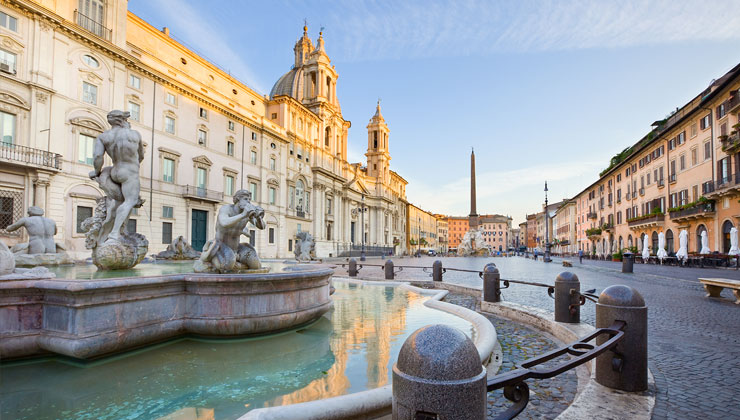 View of Piazza Navona with fountains and plaza. 