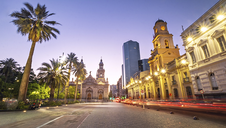 Wide angle view of the Plaza de Armas Square and the Santiago Metropolitan Cathedral at night in Santiago, Chile