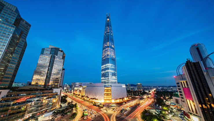 Cityscape Songpagu Skyscrapers Lotte World Tower at Night Seoul, Korea. 
