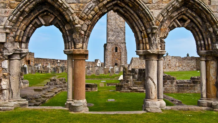 View of three arches and St Andrews Cathedral Ruins in St Andrews, Scotland.