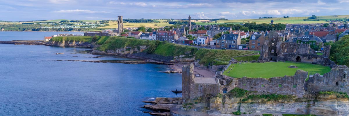 An aerial view of the water and buildings in St Andrews, Scotland. 