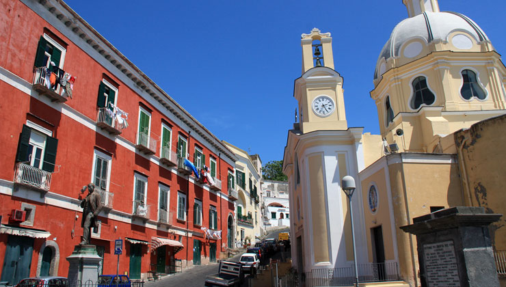 Terra Murata quarter and Santa Maria delle Grazie church, Marina di Corricella, Procida, Gulf of Naples, Campania, Italy