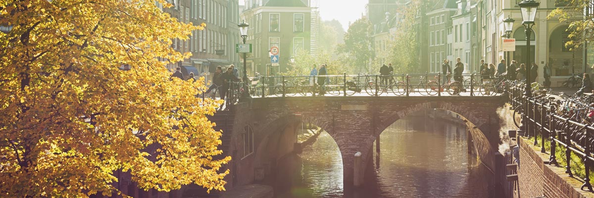 The Oude Gracht in the historic center of the city in Utrecht, Netherlands. 