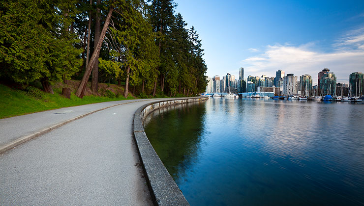 View of Stanley Park with the water and city in the background. 