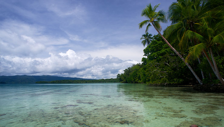 Salt water lagoon near the green lush filled island of Uepi filled with palm trees and green plants in the Solomon Islands.