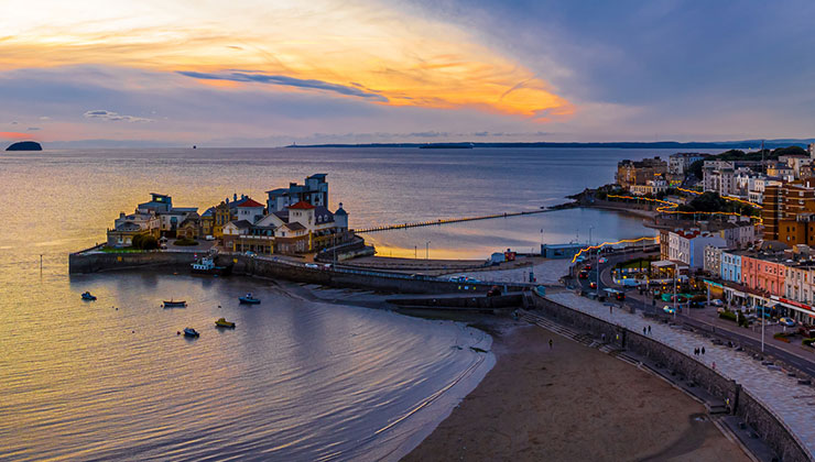 Aerial view of pier and coastline of Weston-super-Mare at sunset