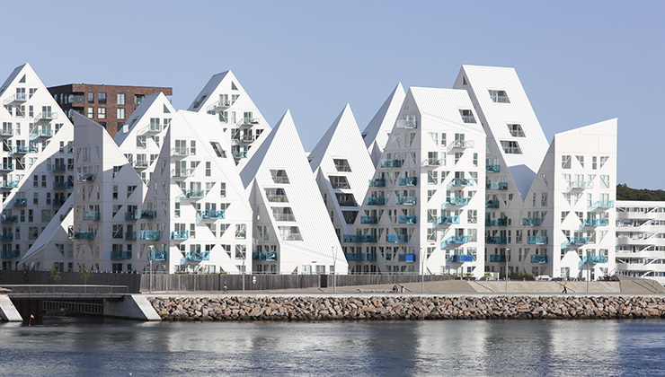 View of the Iceberg Building along the water in Aarhus, Denmark. 