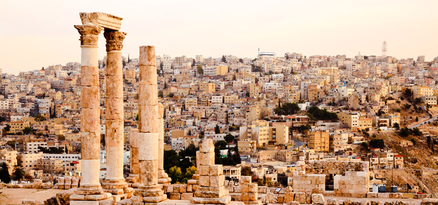 Landscape shot of Temple of Hercules with a view of the columns at the Citadel in Amman, Jordan. 