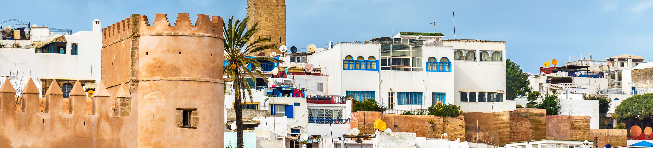 View of the Kasbah of the Udayas, a tan wall in the foreground and houses in the background with a palm tree and houses in the background in Rabat, Morocco.