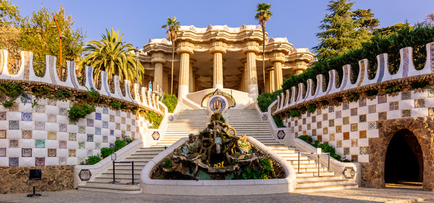 The entrance to the public park, Park Guell on a sunny day in Barcelona, Spain.