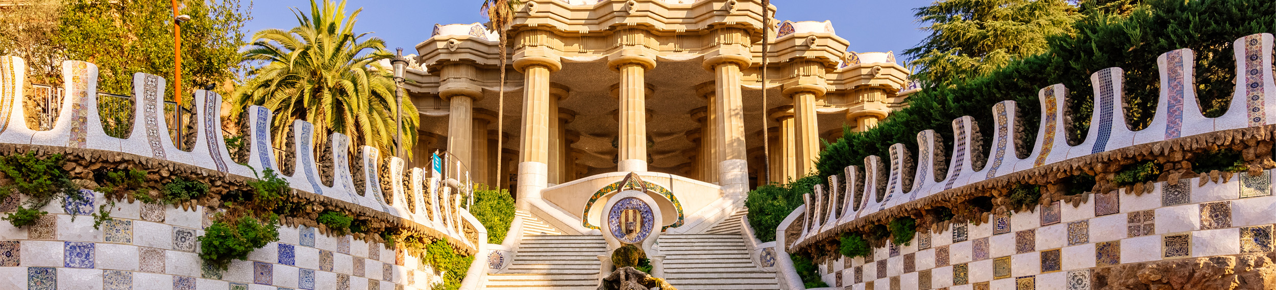 The entrance to the public park, Park Guell on a sunny day in Barcelona, Spain.