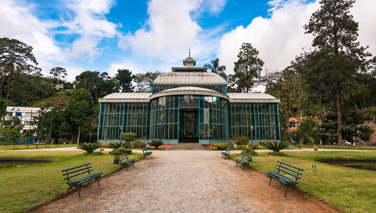 The front entrance of the glass and steel structure of Crystal Palace in Petropolis, Brazil. 