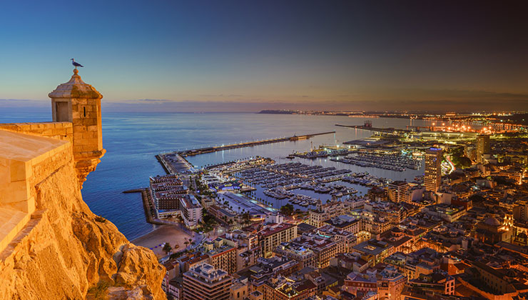 Scenic view of Alicante city from the fortified walls of the Castle of Santa Bárbara at night