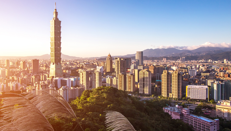 Taipei skyline with a view of Taipei 1010 in Taipei, Taiwan. 