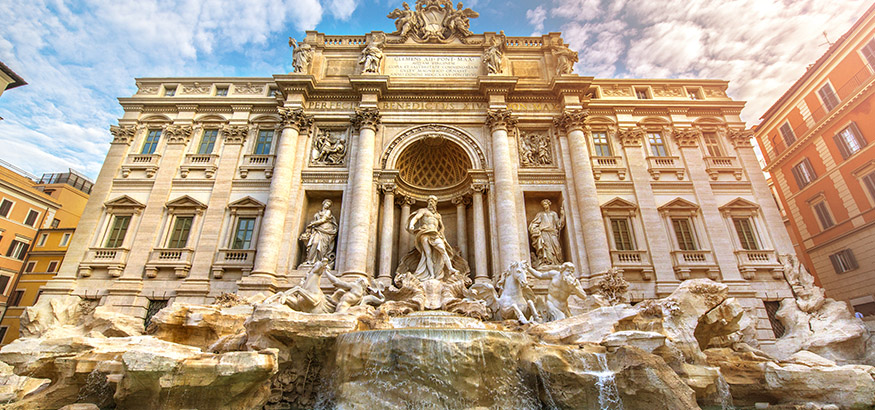 View of the iconic Trevi Fountain in Rome, Italy. 