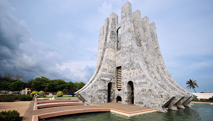 View of Kwame Nkrumah Memorial Park surrounded by water in Accra, Ghana.