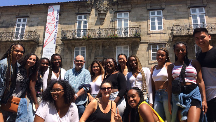 Study abroad students including UCEAP students smiling at the Fundación Eugenio Granell Foundation in Spain.