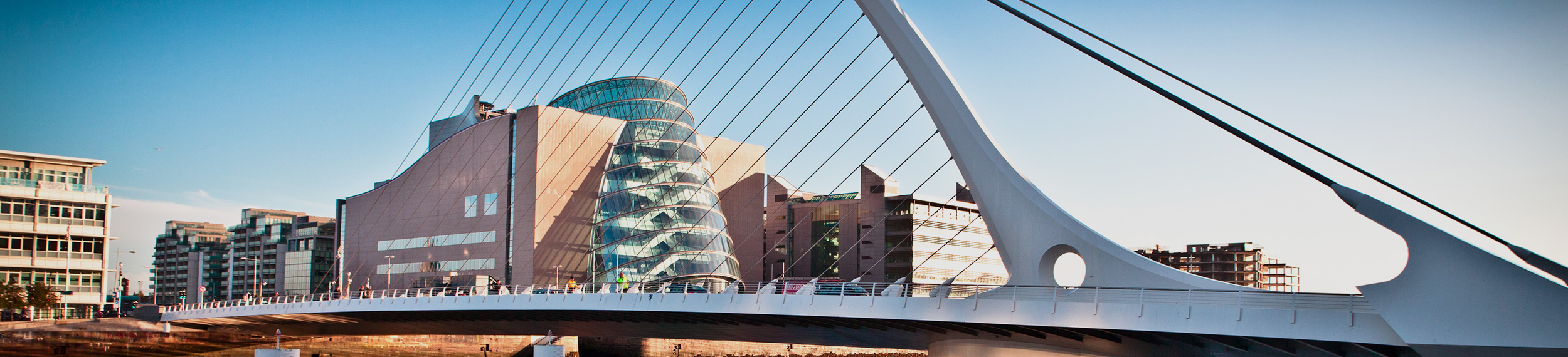 Samuel Beckett Bridge over the River Liffey with the Convention Centre, Dublin.