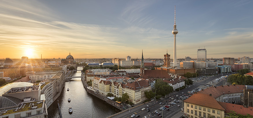 View of the Television tower, the Red Town Hall, Berlin Cathedral and Berlin skyline along the river Spree in Germany.