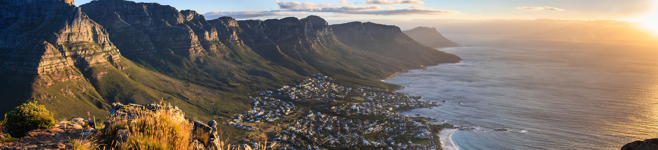 Aerial landscape shot of Table mountain and the coast in Cape Town, South Africa