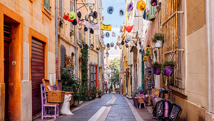 Colorful alley in Le Panier historic district, Marseille, France