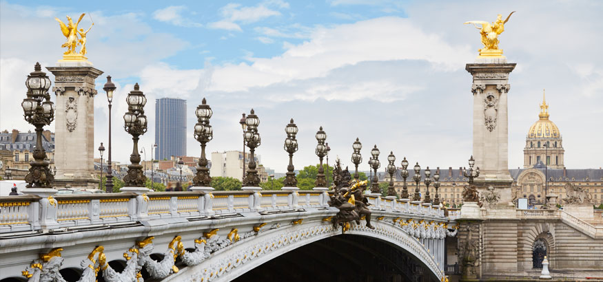 A landscape shot of Alexandre III bridge in Paris, France.  