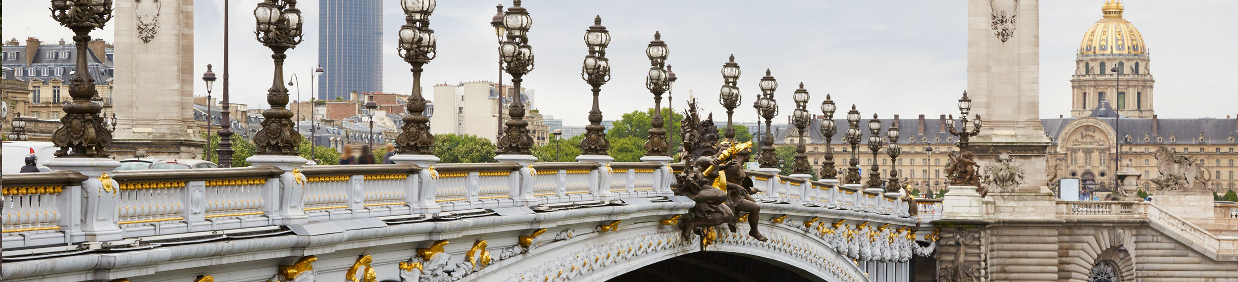 A landscape shot of Alexandre III bridge in Paris, France.  