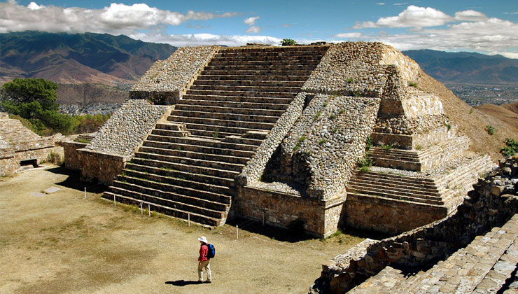 View of Monte Alban in the Santa Cruz Xoxocotlán Municipality in the southern Mexican state of Oaxaca, Mexico.