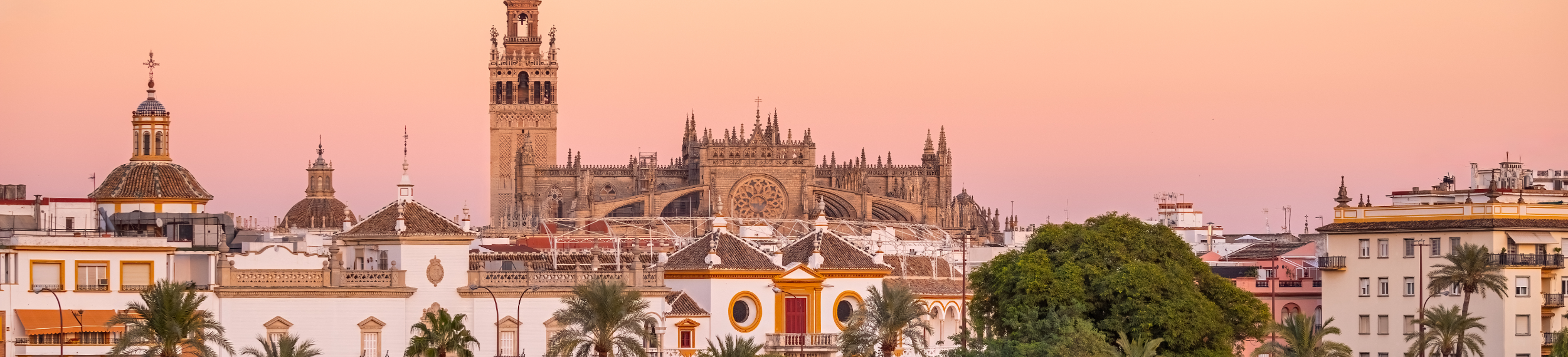 anoramic view of a golden sunset behind La Giralda tower and rooftops of buildings in Seville Cathedral