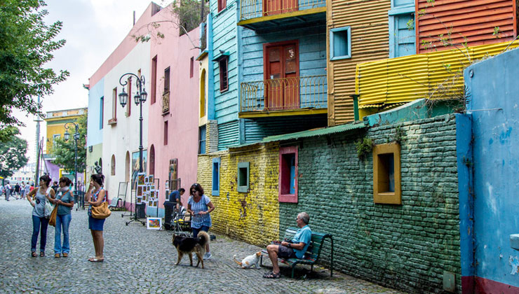View of the colorful buildings of La Boca neighborhood in Buenos Aires, Argentina.