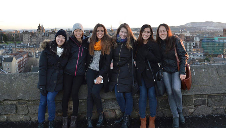 Six students posing for the camera in Edinburgh, Scotland.