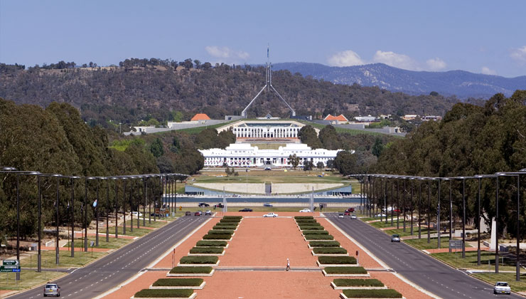 The Australian Parliament House on a sunny day in Canberra, Australia.