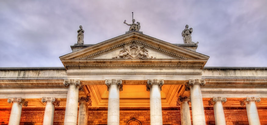 A building shot of the Irish Parliament house in Dublin, Ireland. 