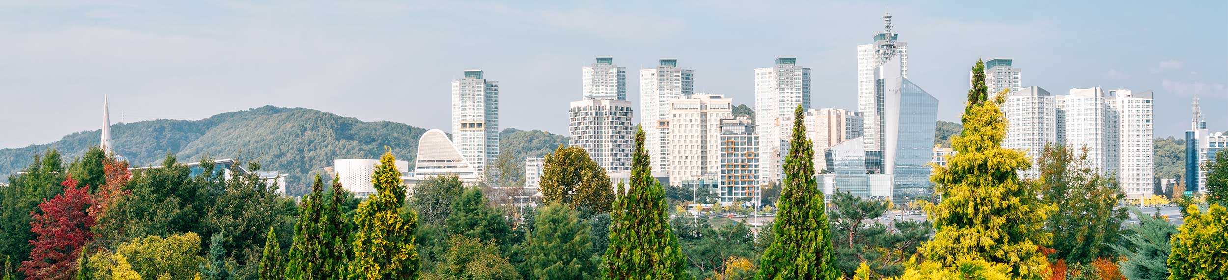 View of Hanbat Arboretum and modern buildings at autumn in Daejeon, Korea