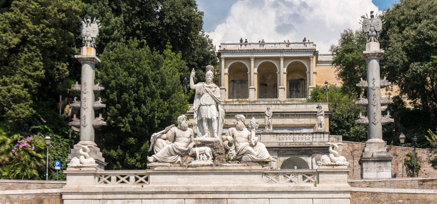 Fontana del Nettuno (Fountain of Neptune) and the Pincian Hill from the Piazza del Popolo in Rome, Italy.