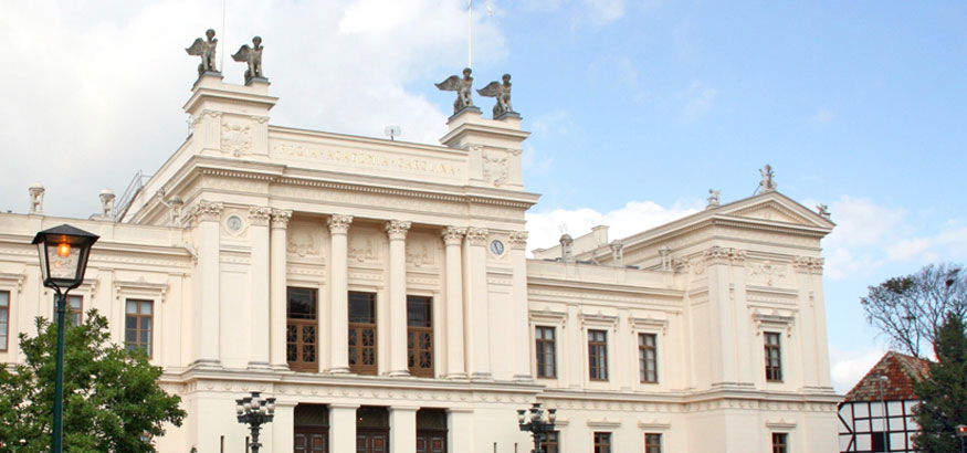 A grand white building on the campus grounds of Lund University in Lund, Sweden.