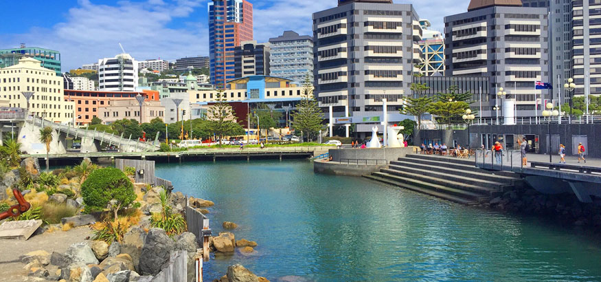 View of a waterfront area with modern buildings in the background in Wellington, New Zealand
