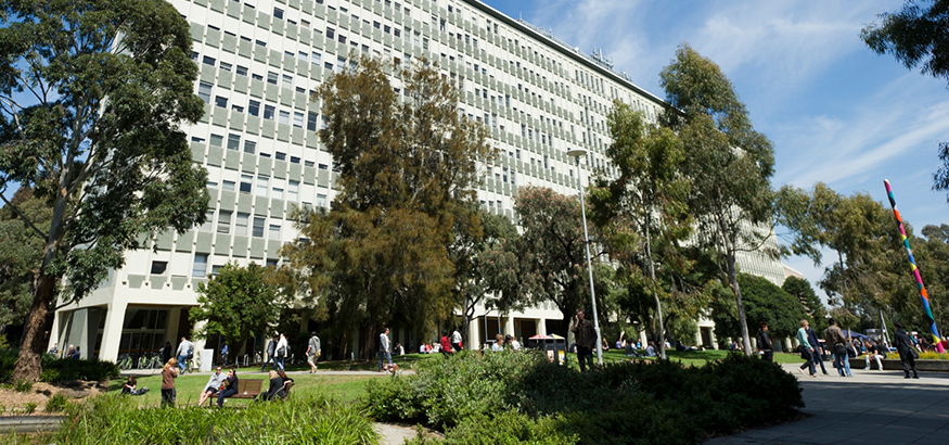 multistory building in park setting at Monash University Clayton campus