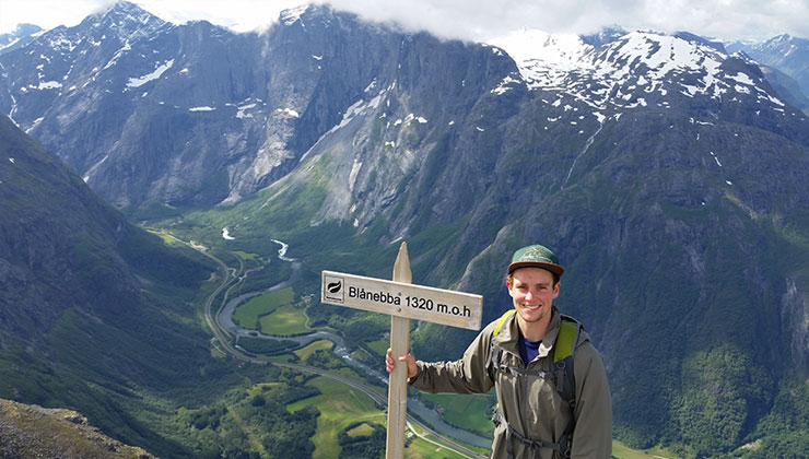 UC Santa Barbara student explores the snow covered mountains of Romsdalseggen Ridge in Norway. 